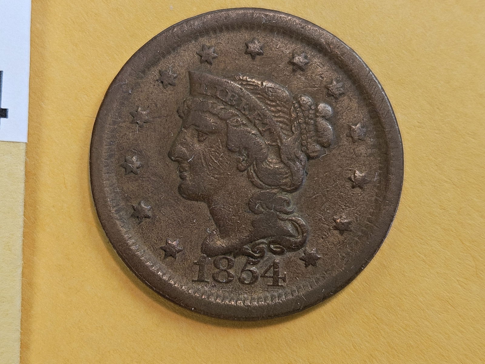 1854 Braided Hair Large Cent in Very Fine - 3