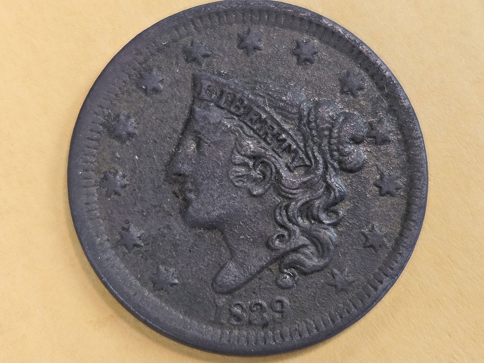 1839 Beaded Cord Large Cent in Extra Fine - details: Lightly burnished 