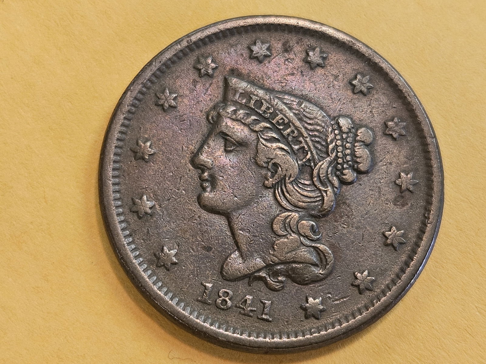 1841 Braided Hair Large Cent in Very Fine plus: Good copper flan!