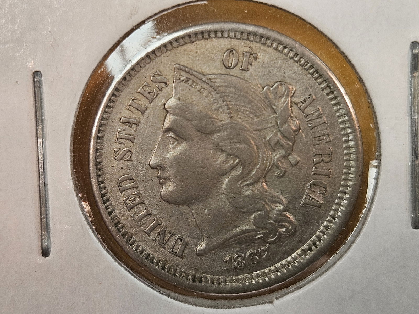 1867 Three Cent Nickel in Bright About Uncirculated plus (1 of 5)