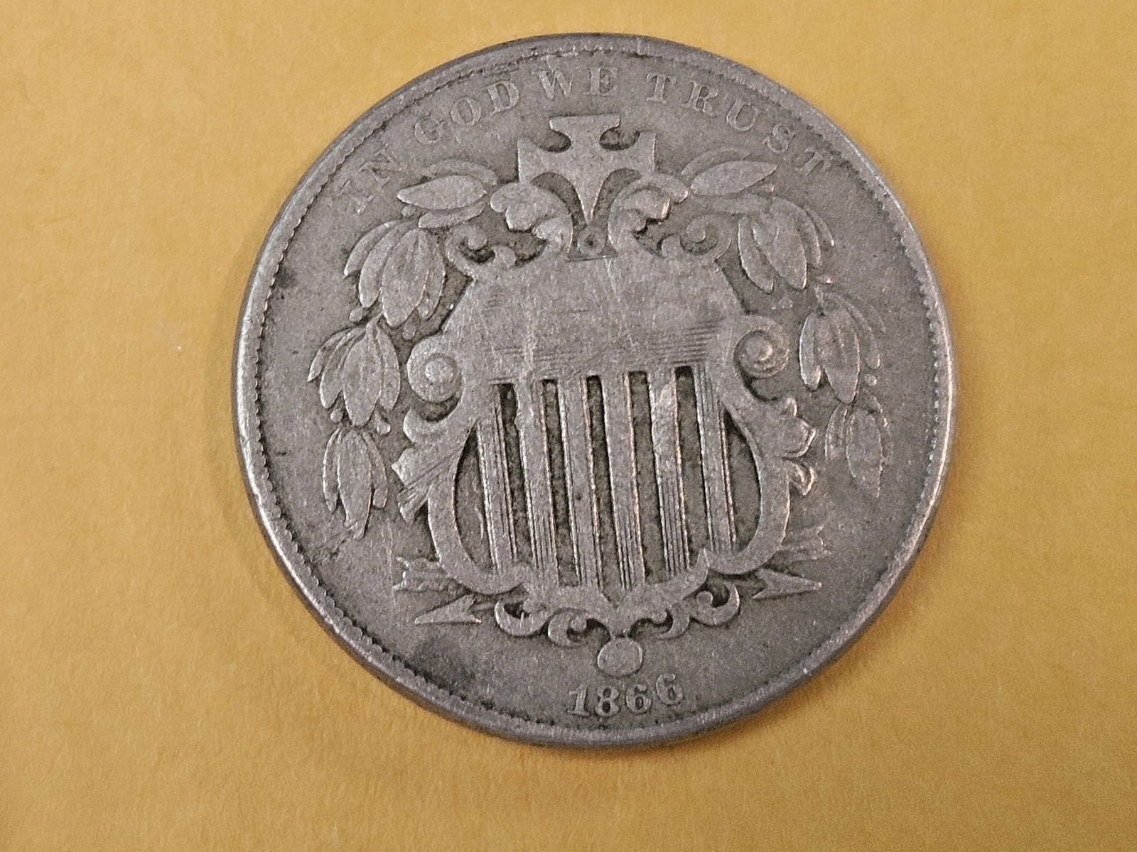 Mint Errors! Cool 1866 Rays and Arrows Shield Nickel: Large cud on the reverse between 2 and 3 oclock and a large die break across the bottom of the reverse 