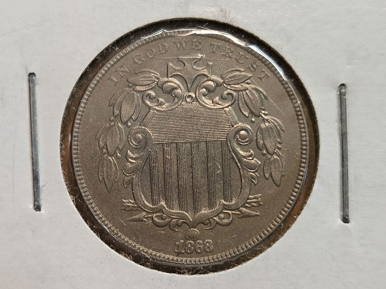 Variety! Brilliant AU-BU Reverse of 1867 Shield Nickel from 1868!: Gorgeous coin. Dealer thought it was AU-58. I can still see full luster on it with no circulation marks! We're calling it AU-BU! 