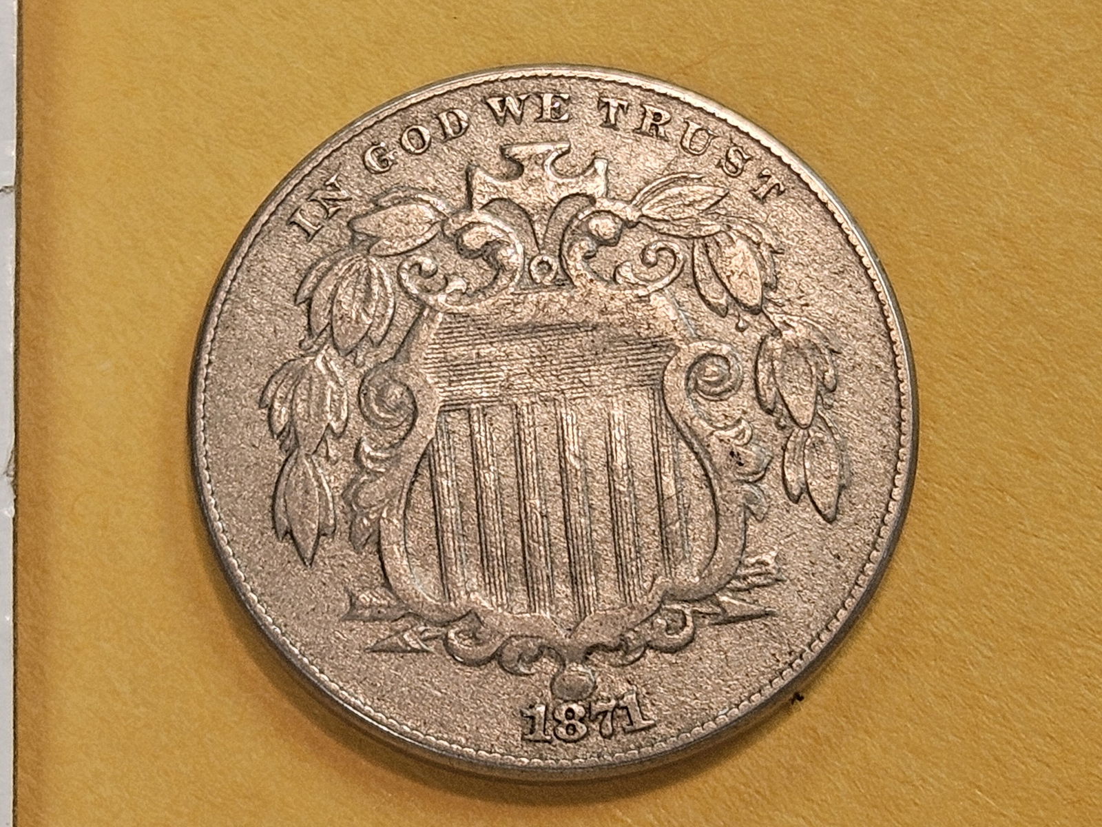 Semi-Key 1871 Shield Nickel in Very Fine: Better grade 