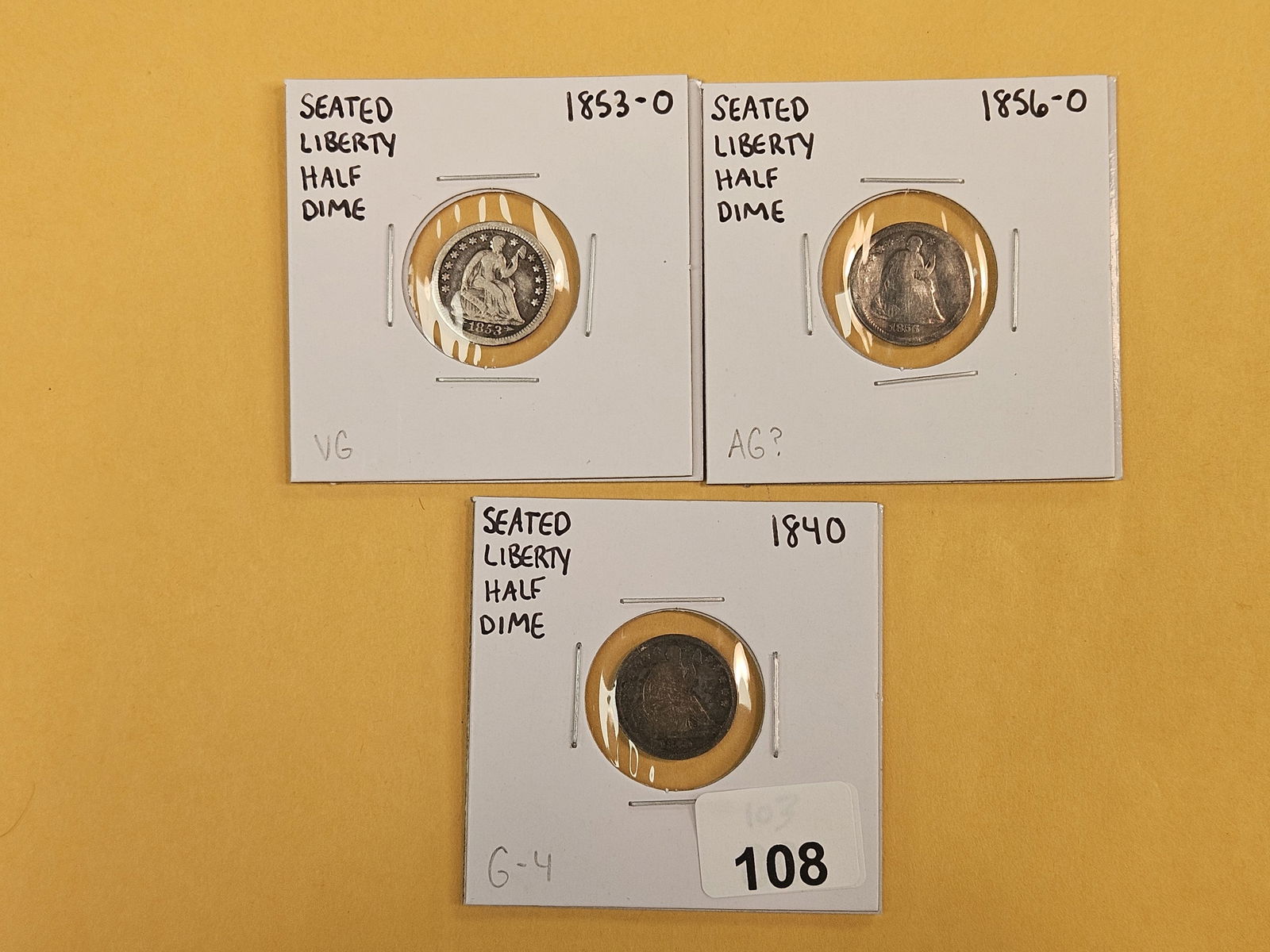 Three earlier Seated Liberty silver Half-Dimes: 1853-O, 1856-O and 1840 