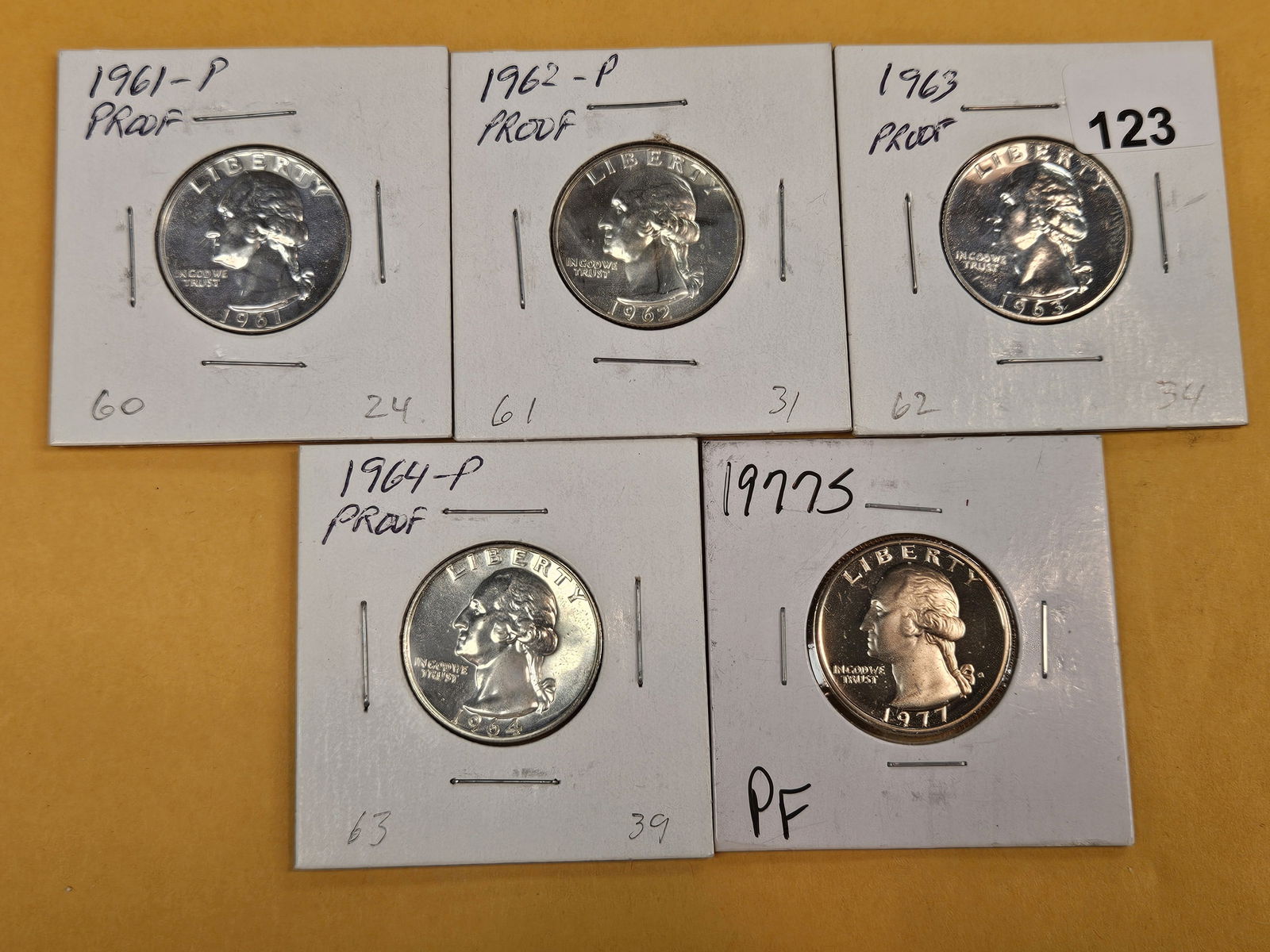 Five mixed Proof Washington Quarters - 2