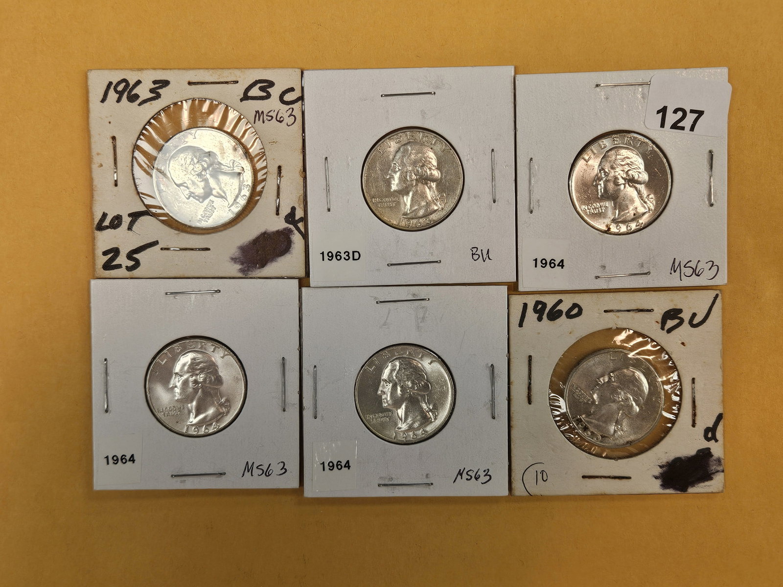 Six Brilliant Uncirculated silver Washington Quarters (1 of 3)