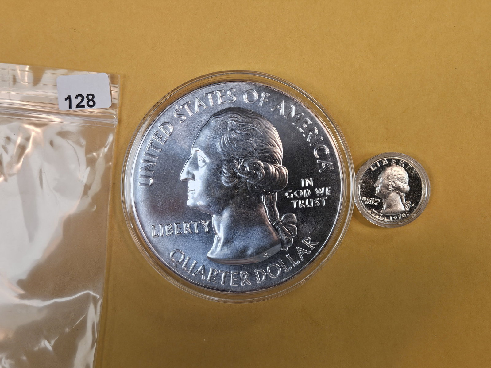 OVER FIVE Ounces of SILVER!: GEM Brilliant Uncirculated 2011 FIVE Troy ounce .999 fine silver Glacier Washington Quarter and a GEM Proof 1976-S Silver Quarter