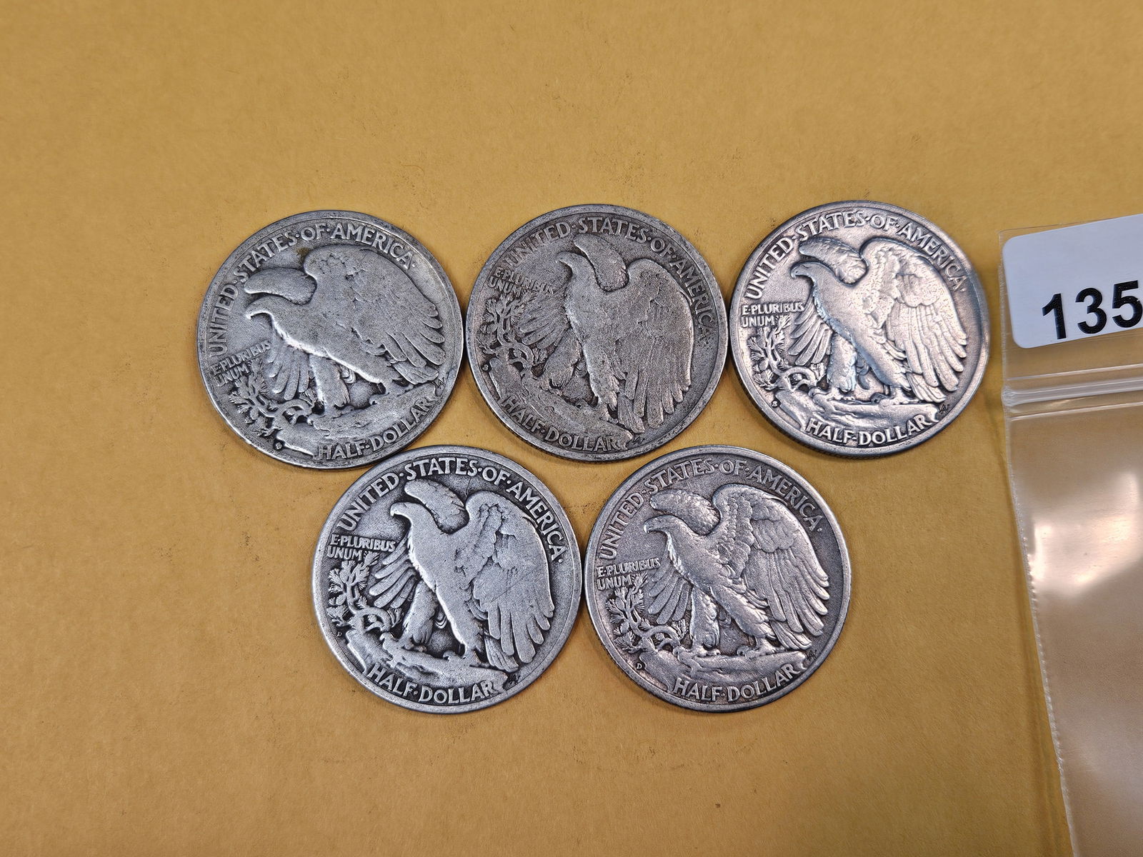 Five silver Walking Liberty Half Dollars - 2