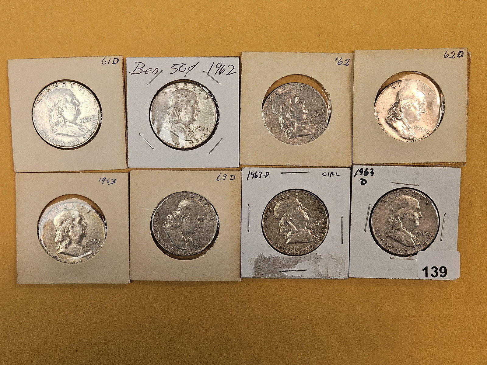 Eight mixed Franklin silver Half Dollars: Circulated