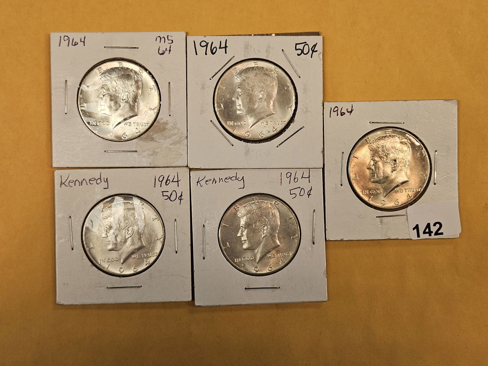 Five Brilliant Uncirculated 1964 Kennedy silver Half Dollars: All 90% 