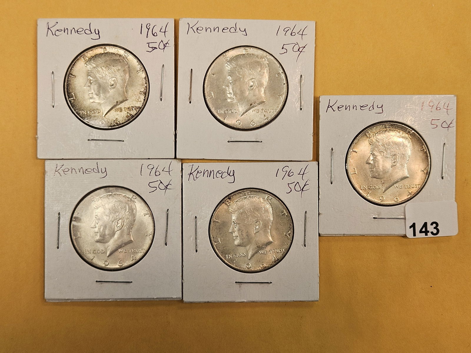 Five Brilliant Uncirculated 1964 Kennedy silver Half Dollars: All 90% 