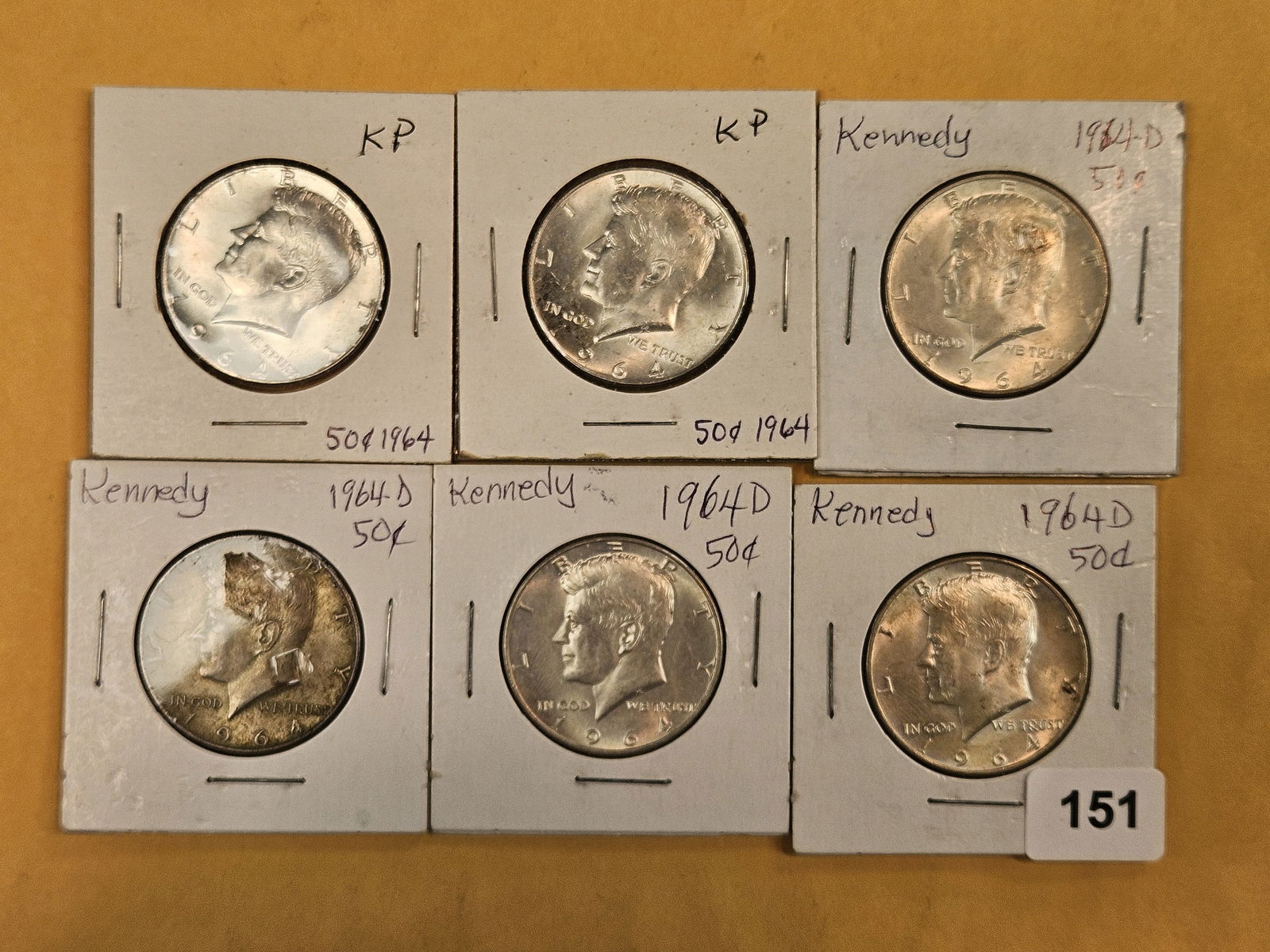 Six 1964 Kennedy silver half dollars: Couple Brilliant Uncirculated 