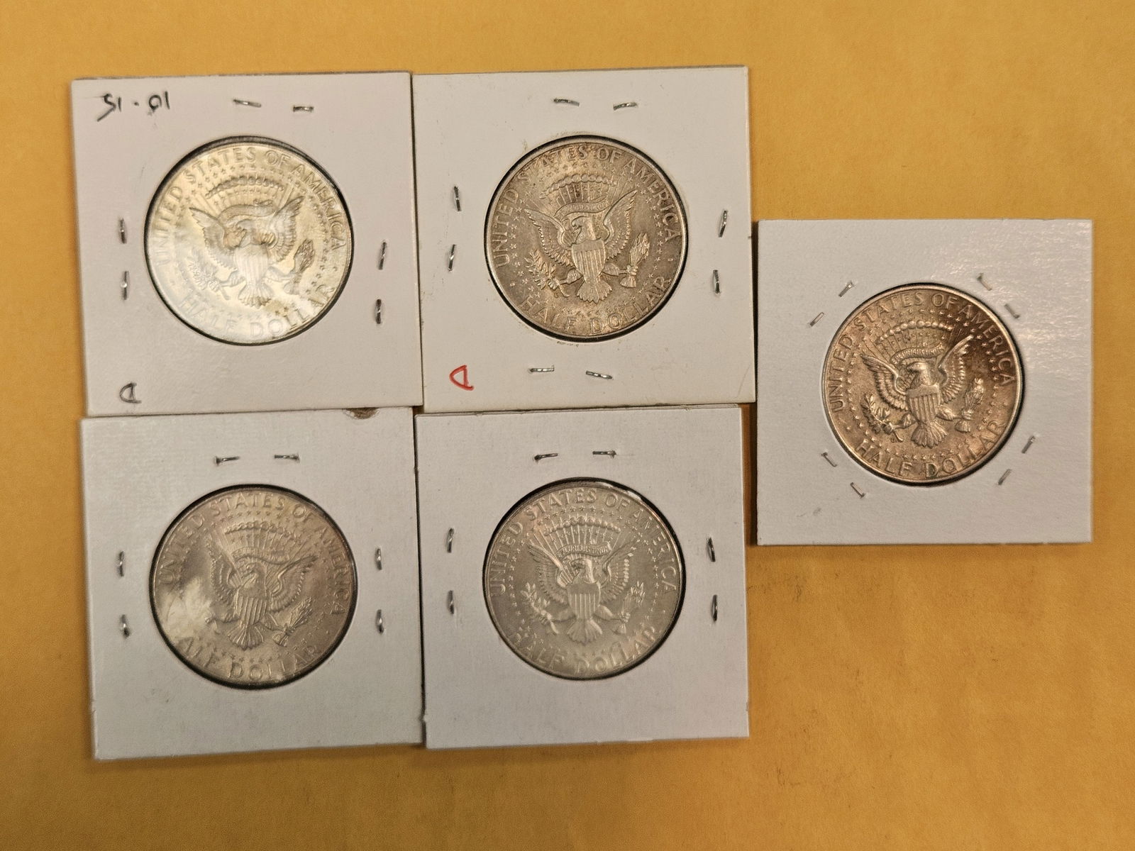 Five 1964 Kennedy silver half dollars - 2