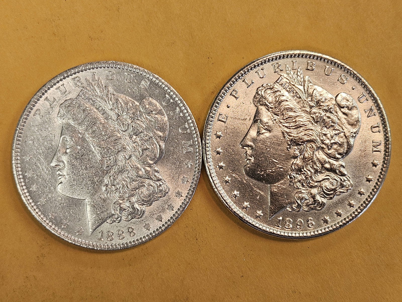 Two Brilliant About Uncirculated plus Morgan Dollars: 1888 and 1896