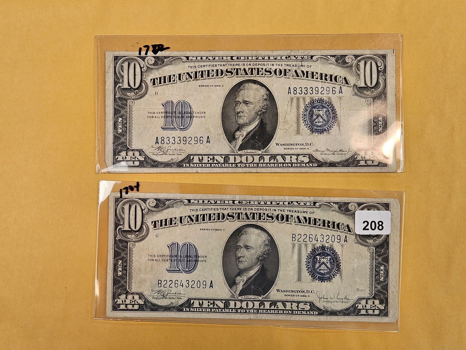 Two Series of 1934 Ten Dollar Silver Certificates (1 of 2)