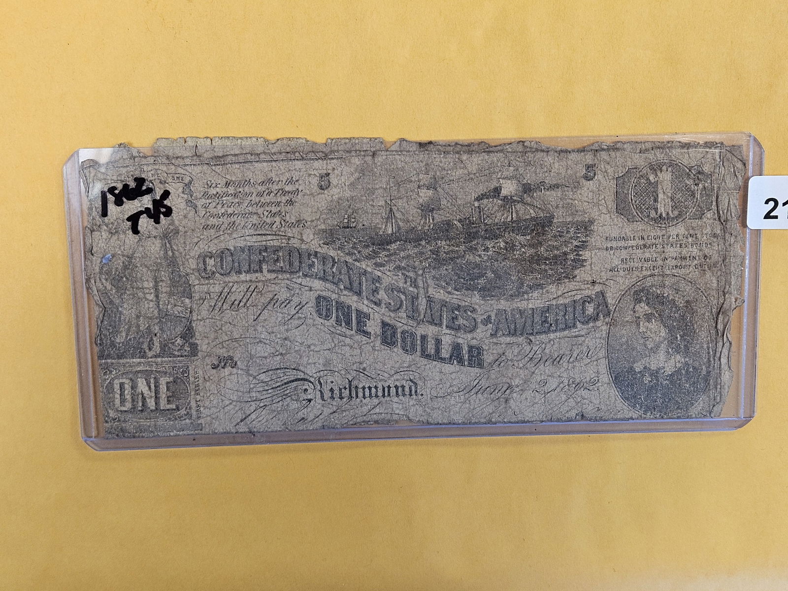 Two Confederate States of America One and Two Dollar Notes: T-45 and T-38. Both raggy