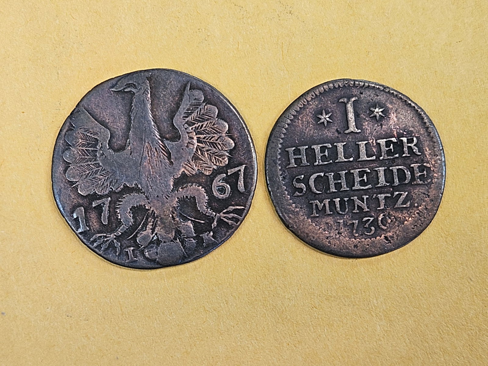 1767 and 1730 Copper coins: Achen 12 Heller KM 51 and Hesse-Cassel 1 heller KM 401 