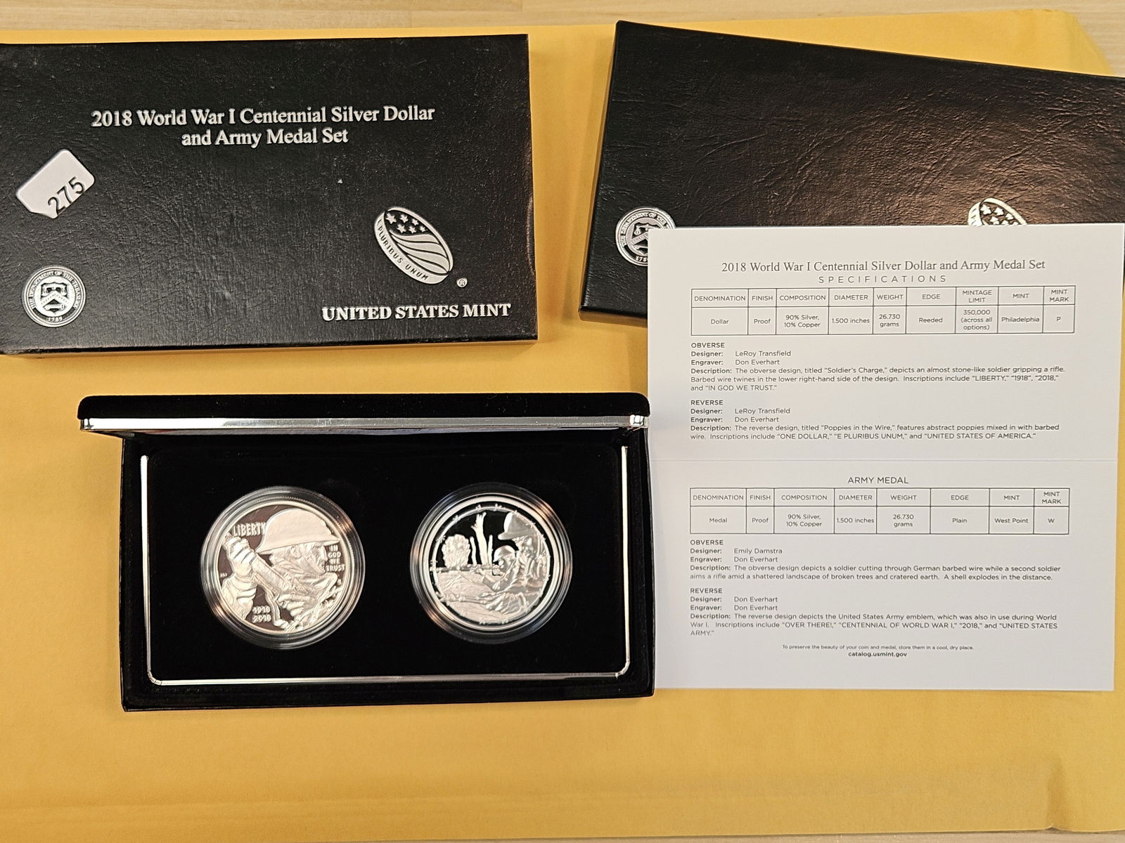 GEM Proof Deep Cameo 2018 World War I Centennial SILVER Dollar and SILVER Army Medal Set: In original government packaging with certificate of authenticity 