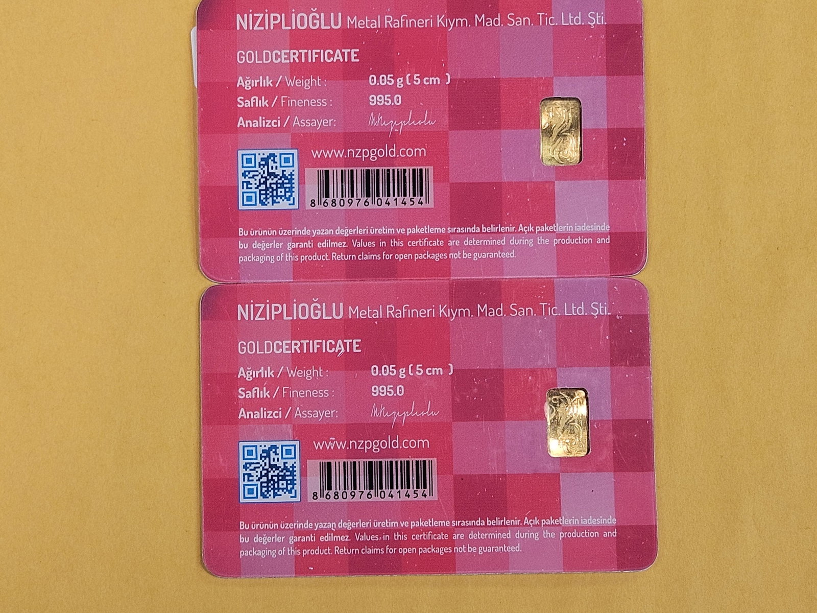 GOLD! Two NZP Turkey Gold .995 Gold Bars in Assay Holders - 2