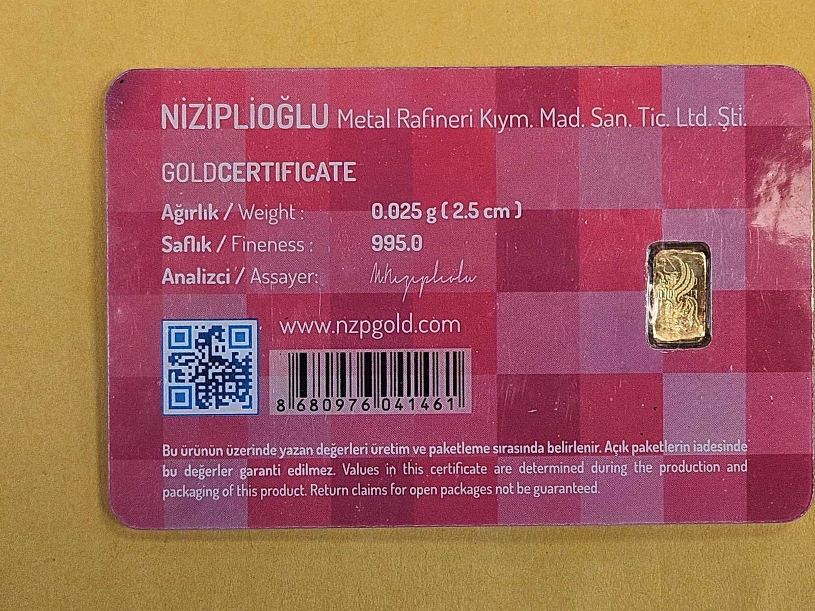 GOLD! NZP Turkey Gold .995 Gold Bar in Assay Holder - 2
