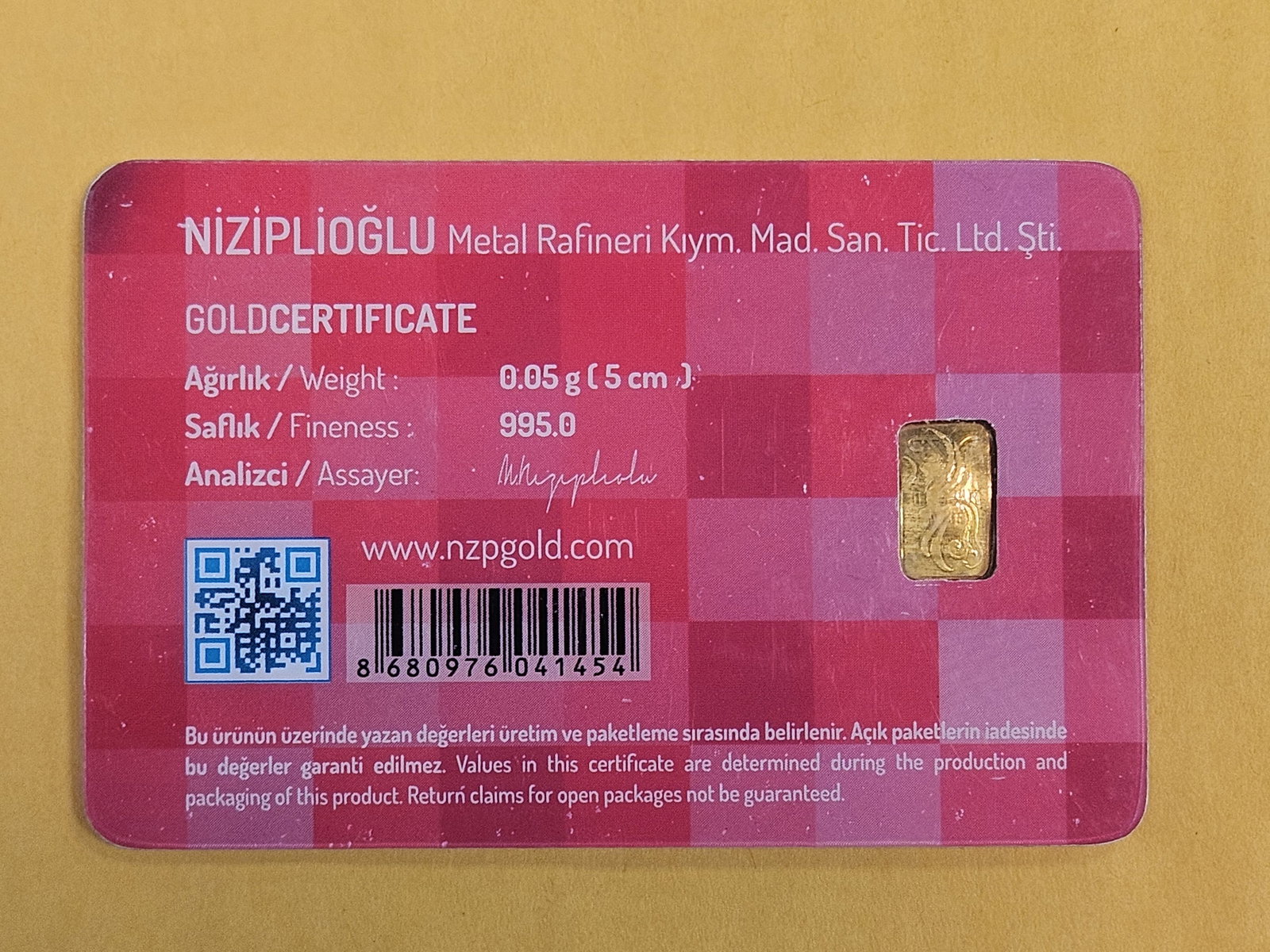 GOLD! NZP Turkey Gold .995 Gold Bar in Assay Holder - 2