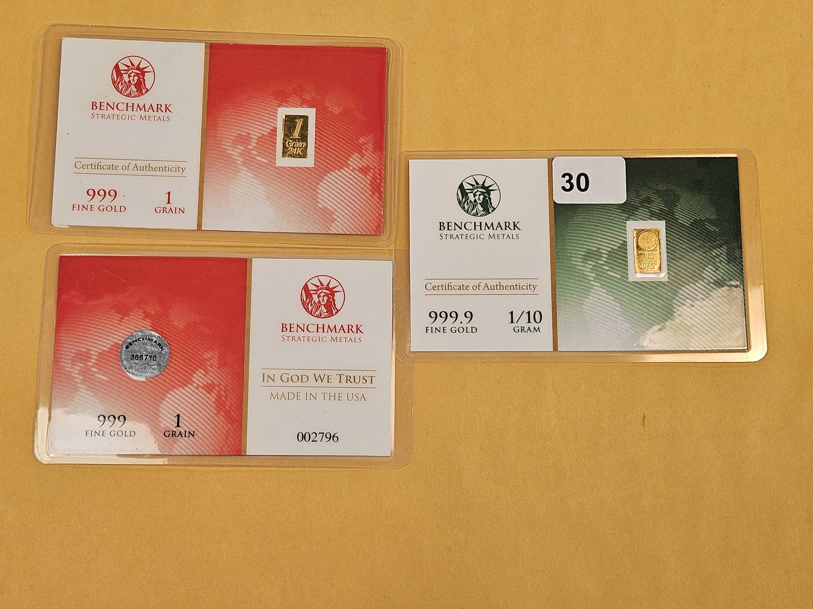 GOLD! Three Benchmark Strategic Metals .999 and .9999 fine gold bars - 2