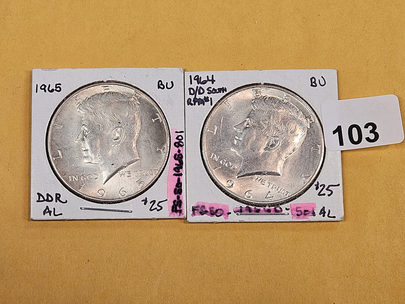 Varieties! Brilliant Uncirculated 1964 and 1965 silver Kennedy half dollars - 2