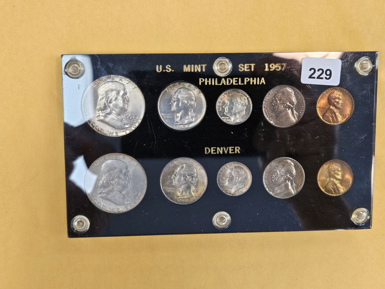 GEM 1957 US Silver Coin Set: P & D mint. In Capital Plastic holder. Great toning!