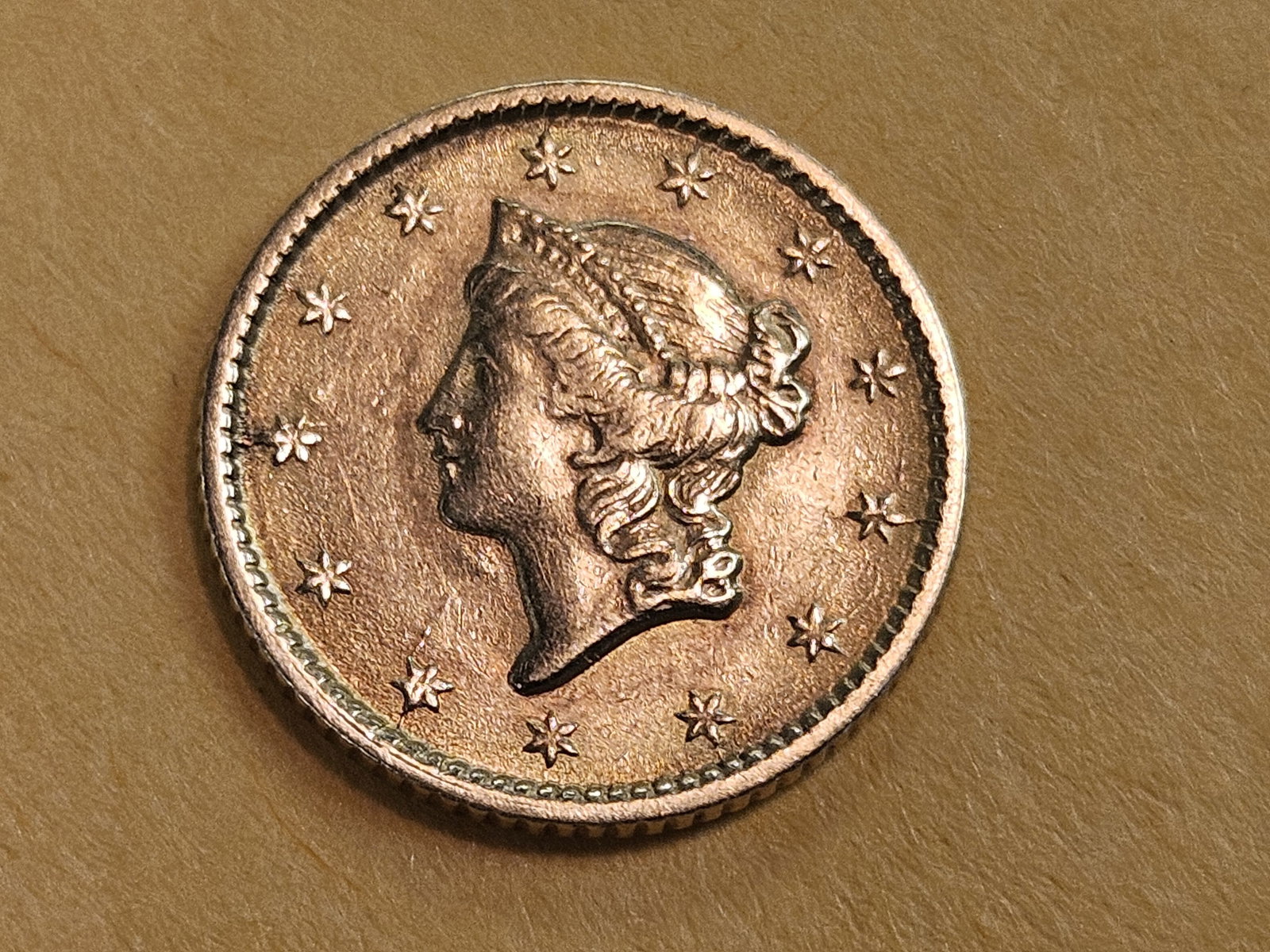 GOLD! Brilliant About Uncirculated plus 1853 Gold Dollar: Good looking coin with original skin 