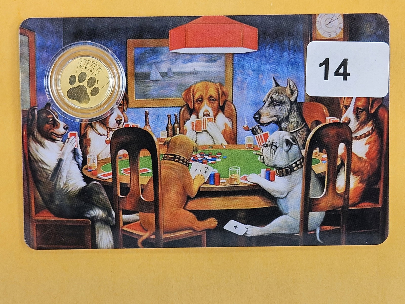 GOLD! GEM 2026 Republic of Liberia Gold Twelve Dollars: In Assay COA holder. Dogs playing poker 