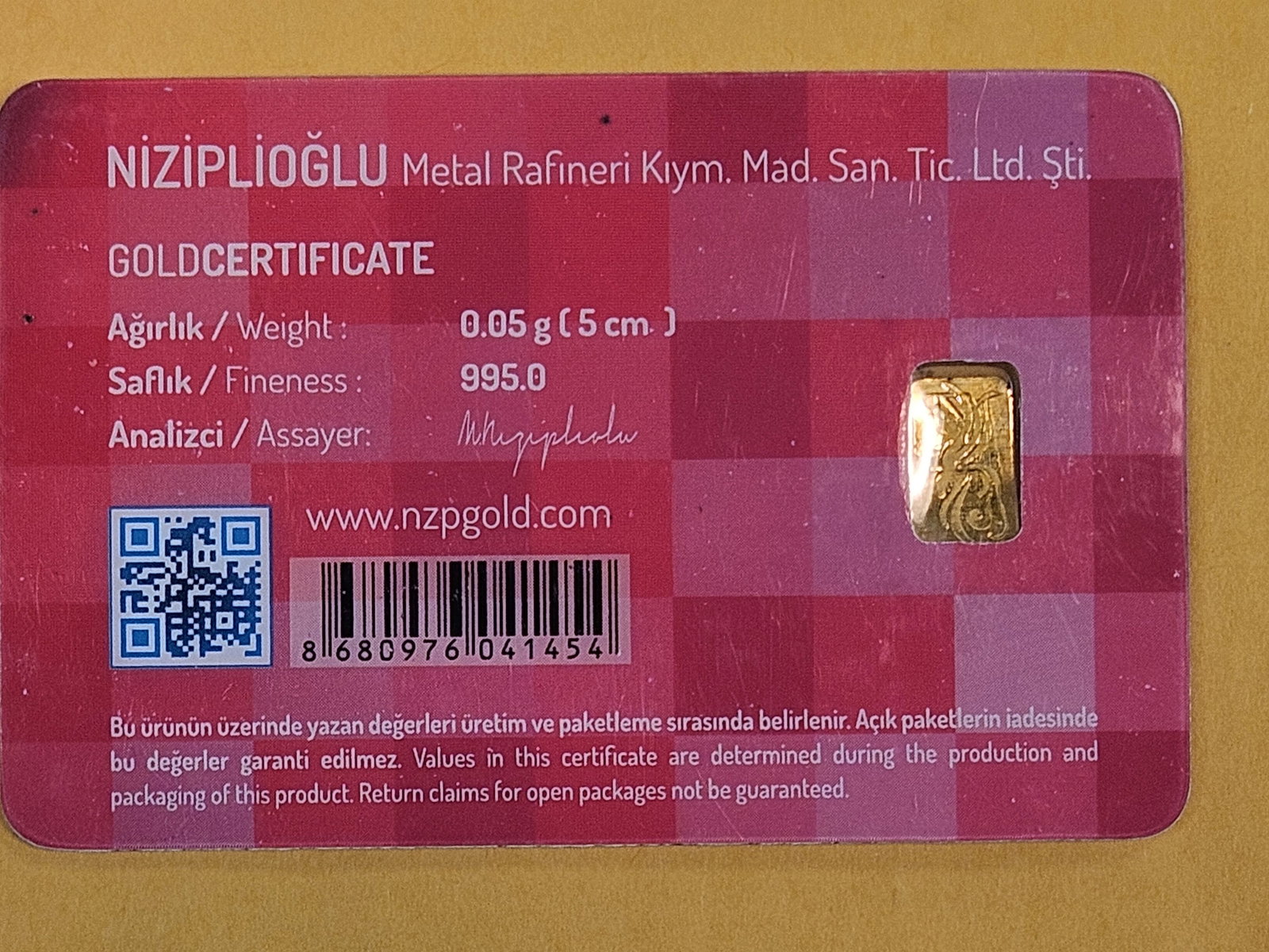 GOLD! NZP .995 Gold bar in Assay Holder - 3