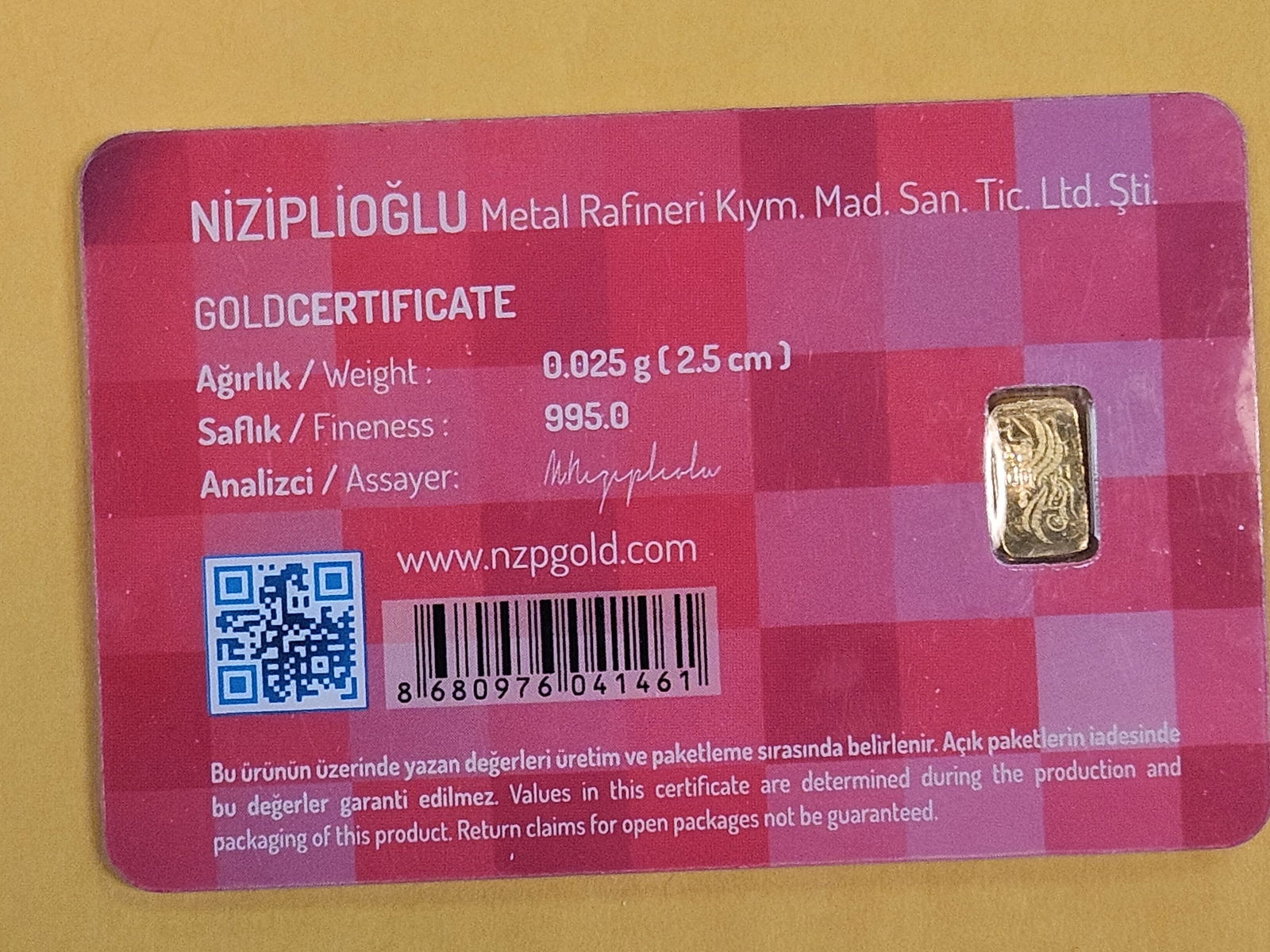 GOLD! NZP .995 Gold bar in Assay Holder - 2