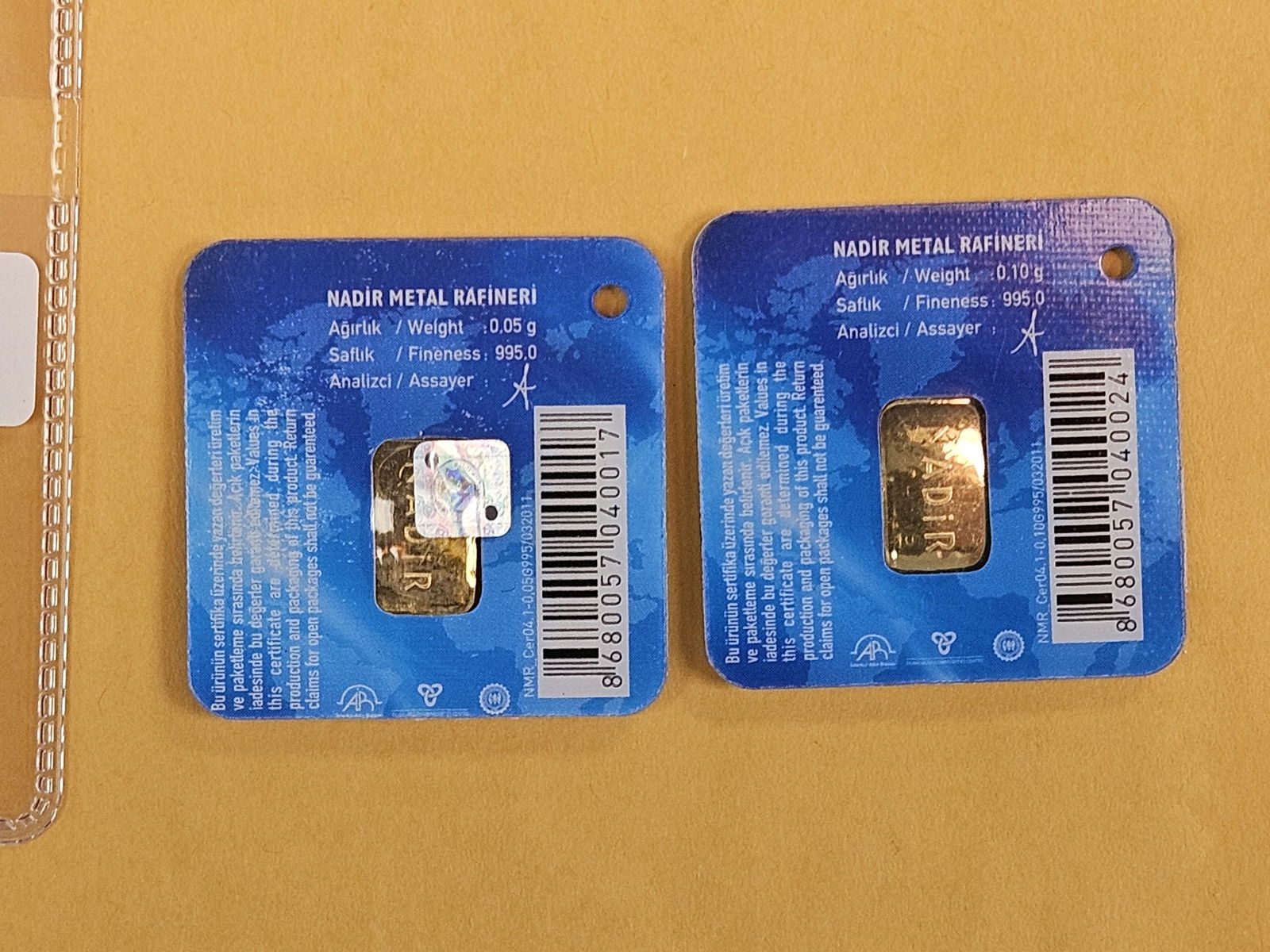 GOLD! Two Nadir .1 Gram .9999 fine gold bars - 2