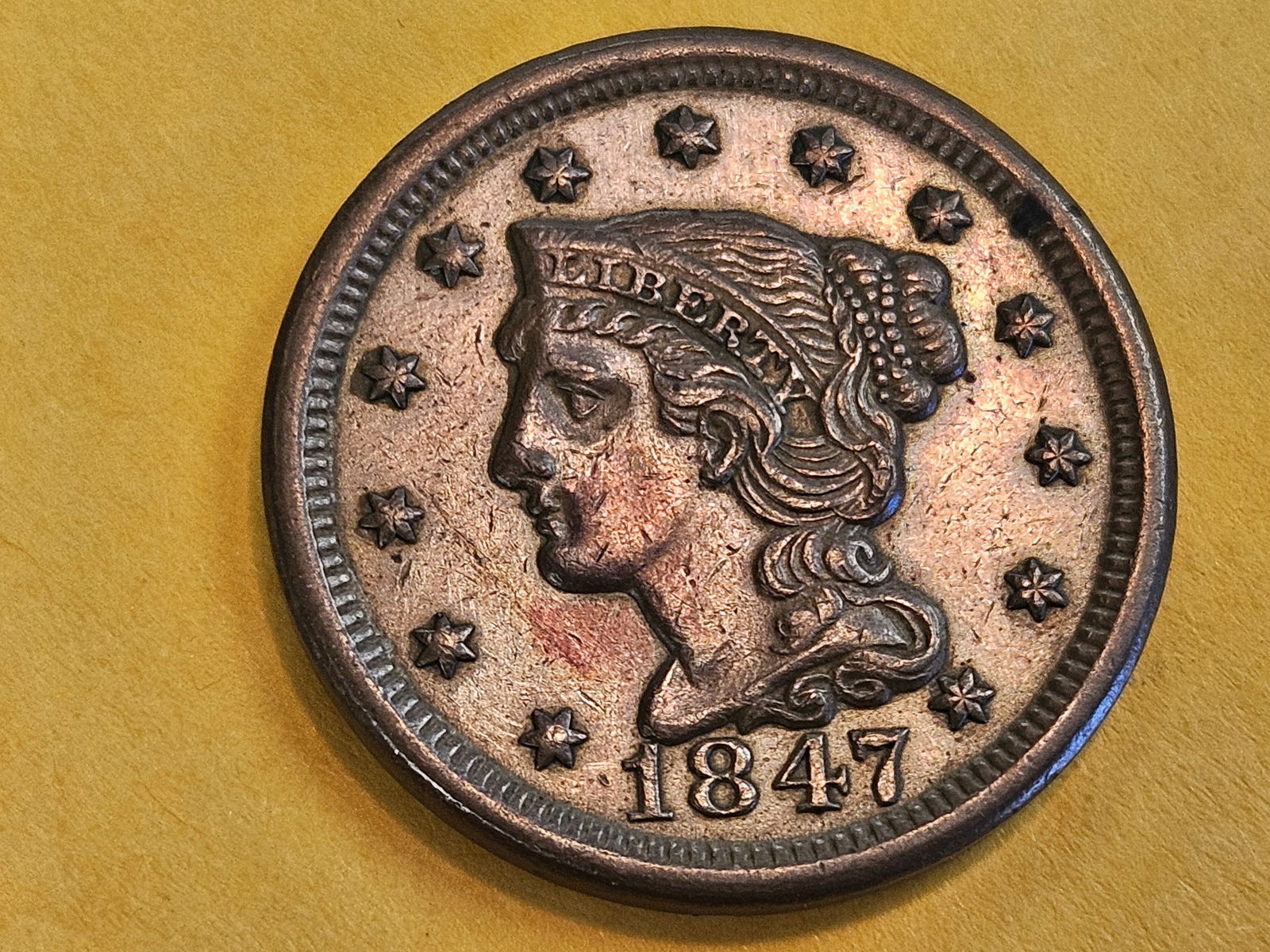 1847 Braided Hair large cent in Bright Uncirculated - details - 3