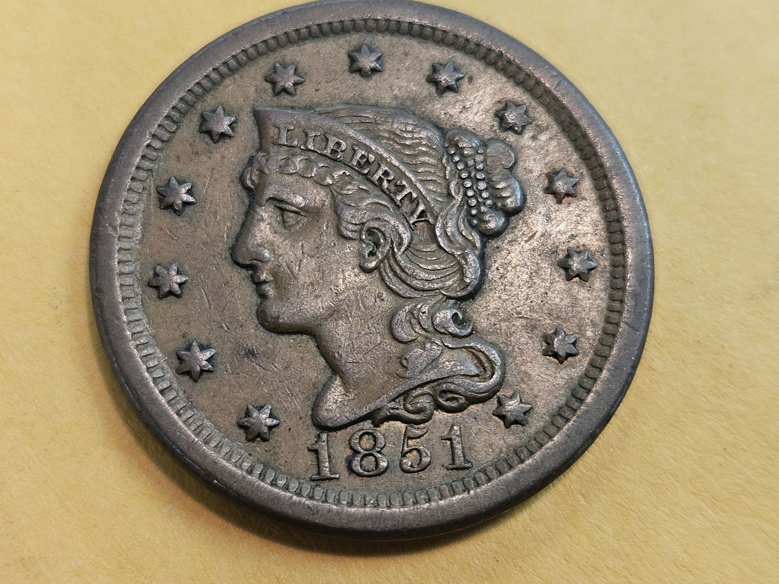 Choice About Uncirculated plus 1851 Braided hair Large Cent - 3