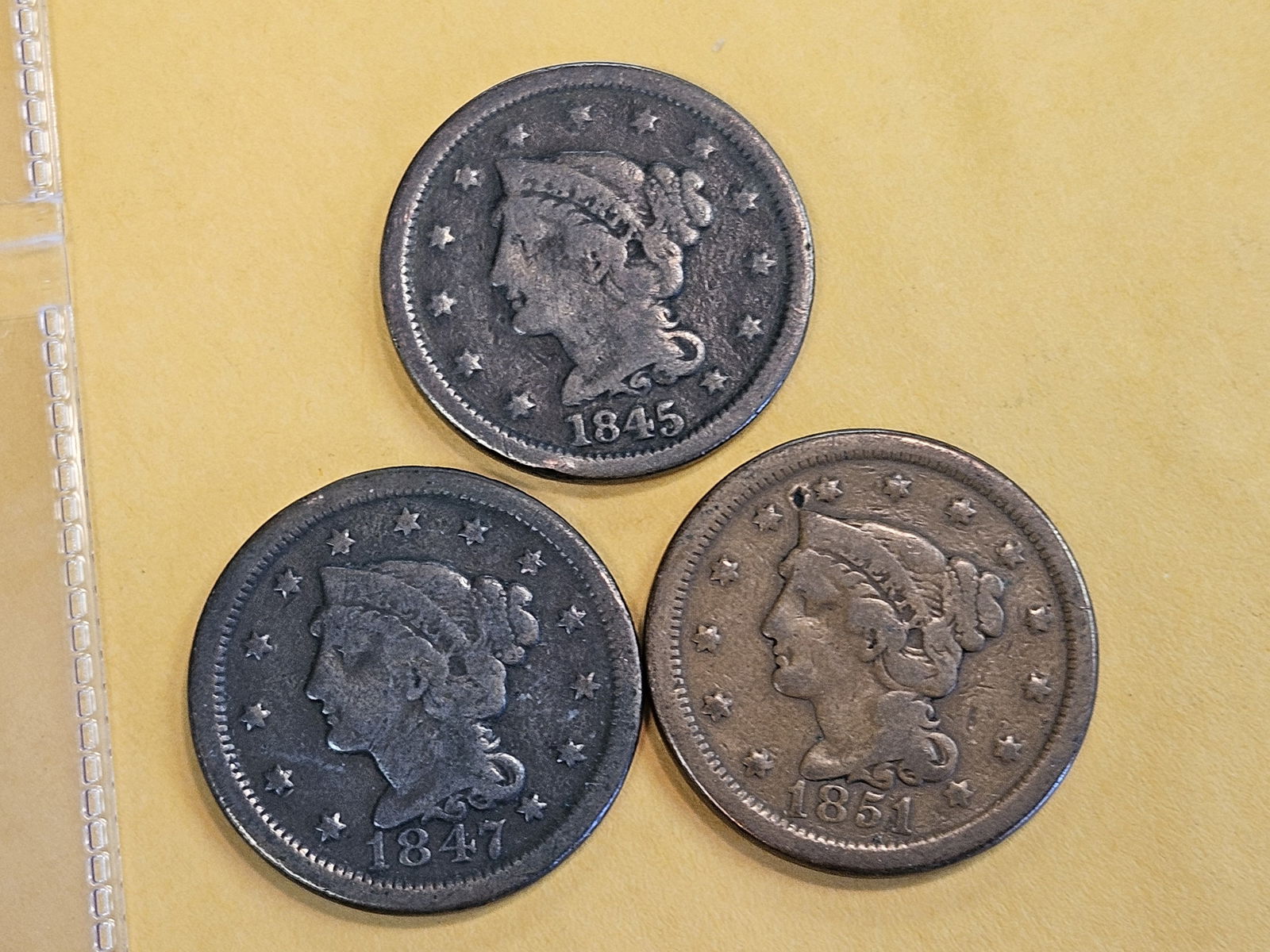 Three Braided hair Large Cents in Very Good: 1845, 1847 and 1851 