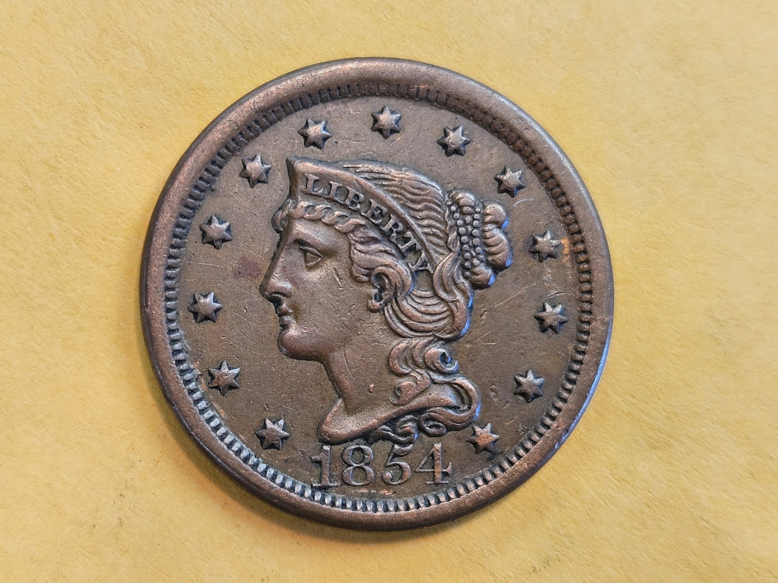 Bright About Uncirculated plus 1854 Braided hair Large Cent - 4