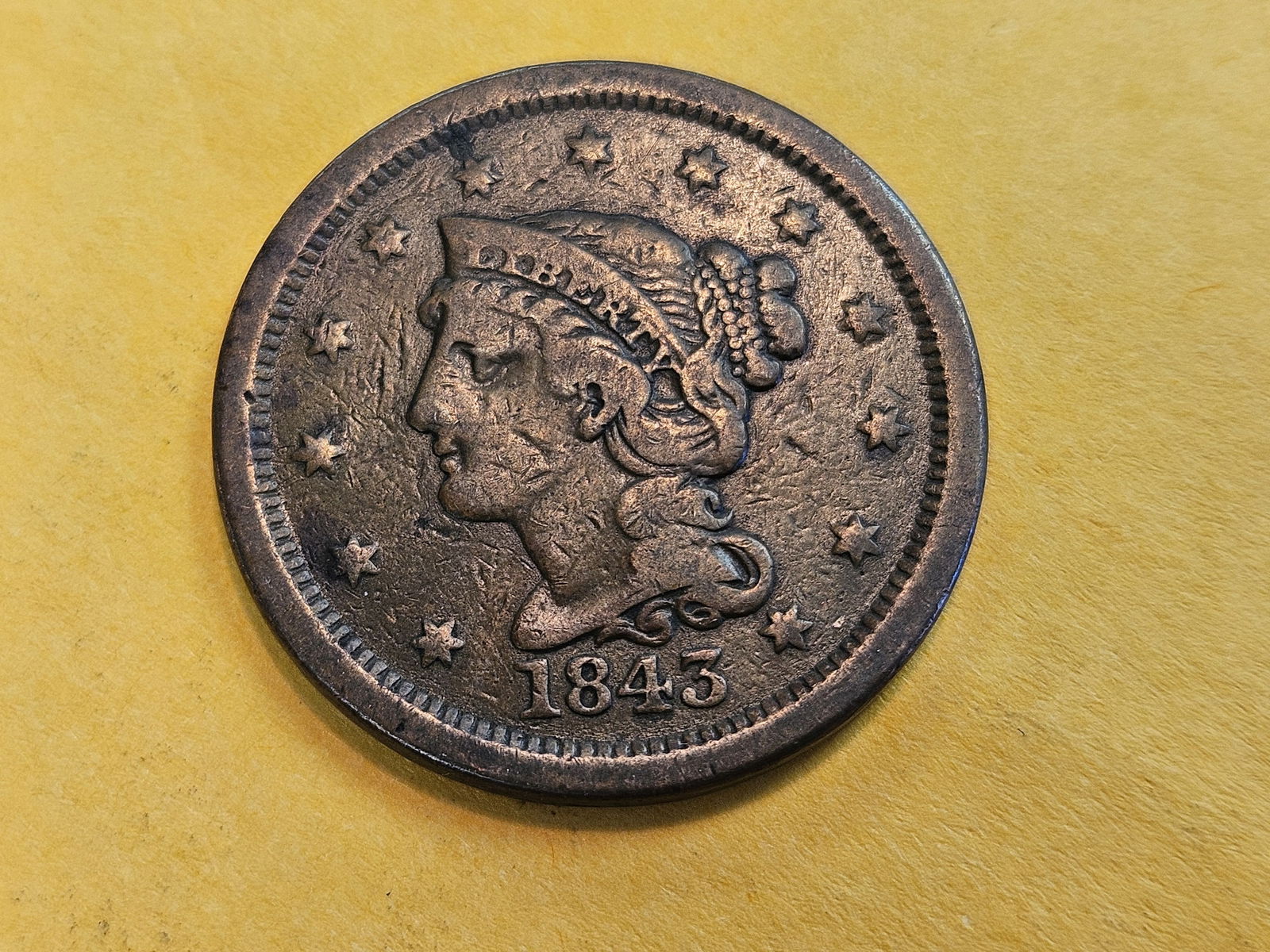 1843 Braided Hair Large Cent in Very Fine: Large Date version 