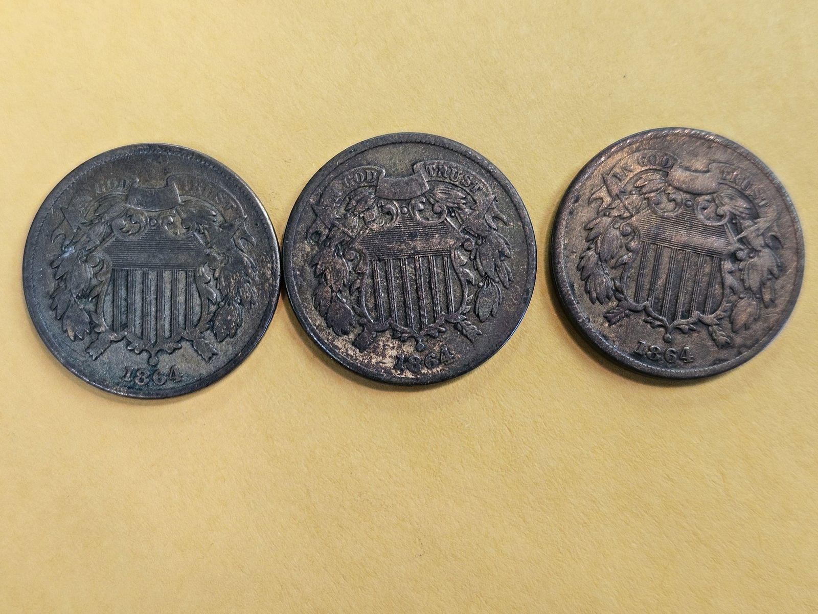 Three 1864 Two-Cent pieces - 3