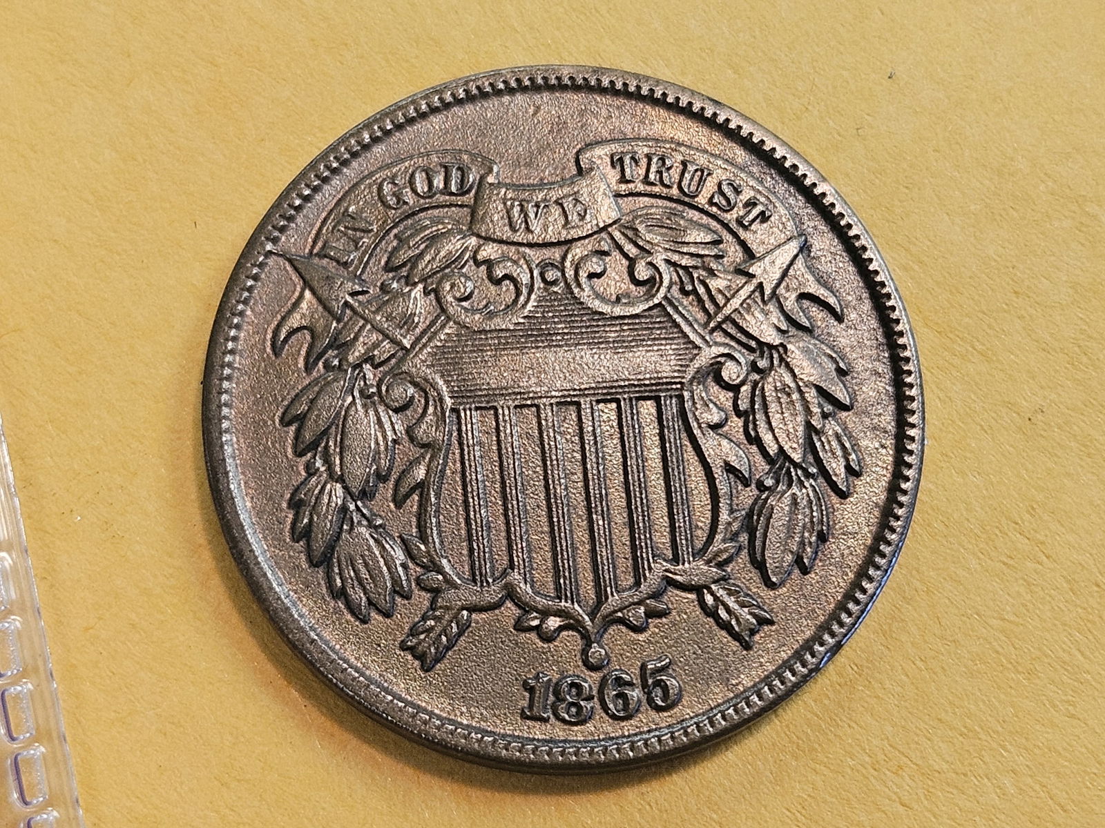 1865 Two Cent piece in Bright About Uncirculated - details: Fancy 5 version 