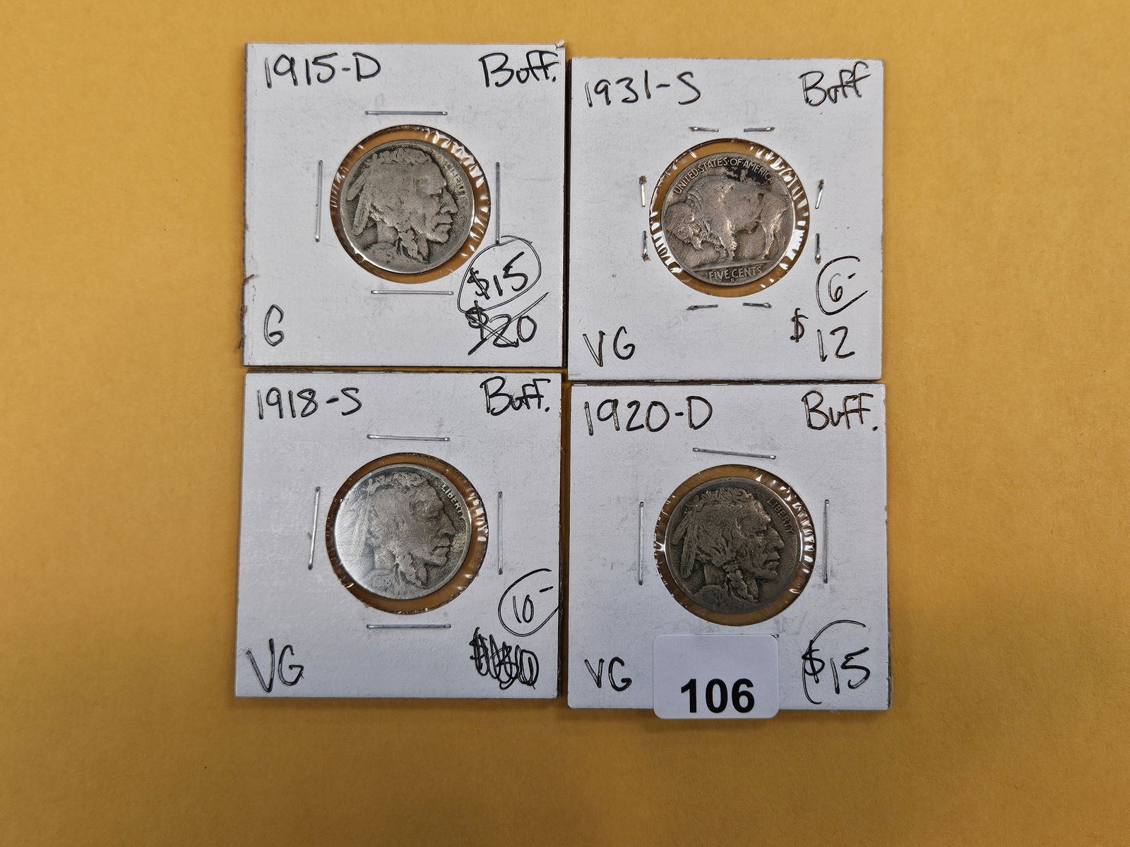Four mixed, little better date, Buffalo Nickels: 1915-D, 1931-S, 1918-S and 1920-D 