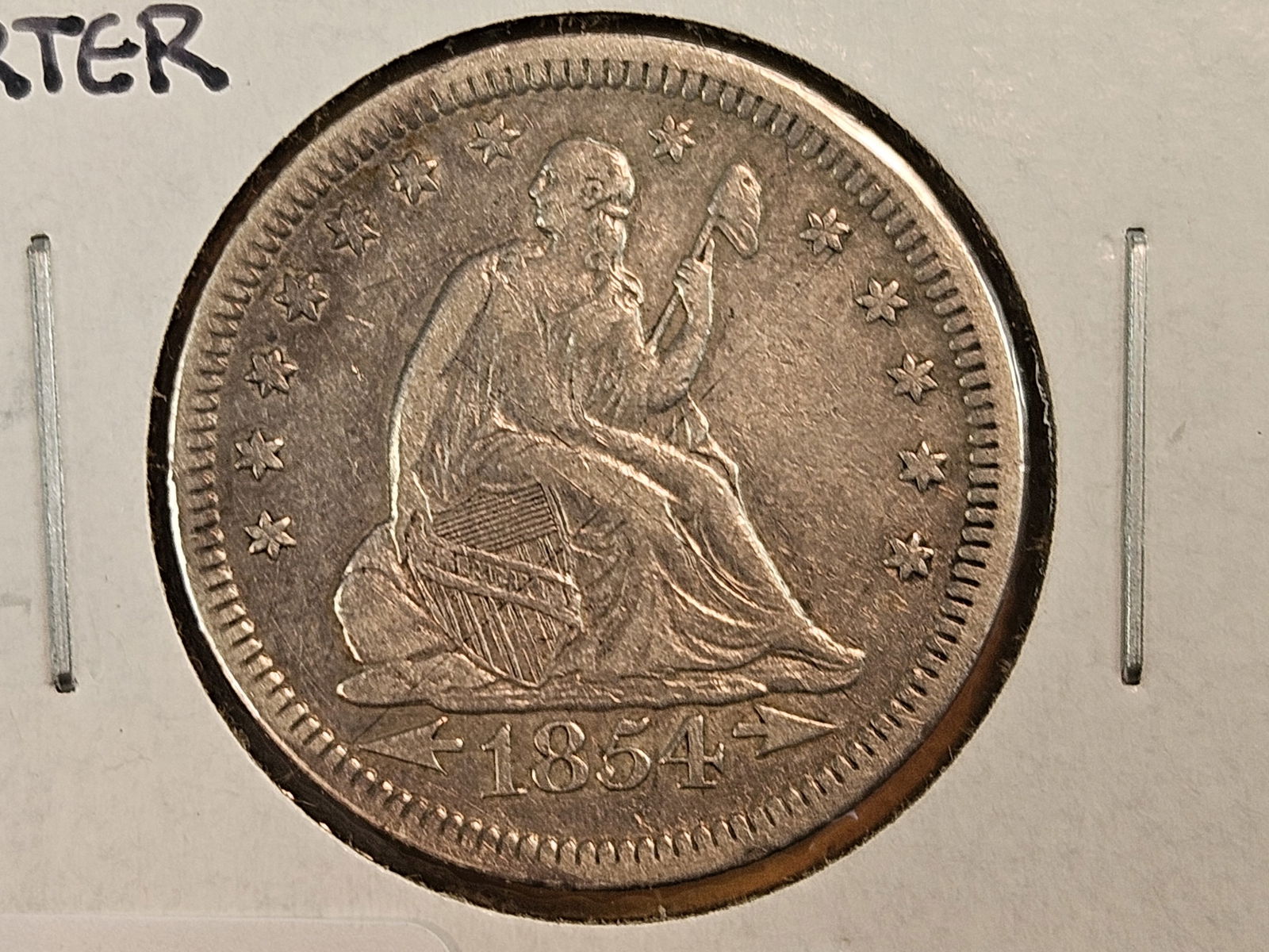 1854 with Arrows Seated Liberty silver Quarter: In Very Fine plus - details 