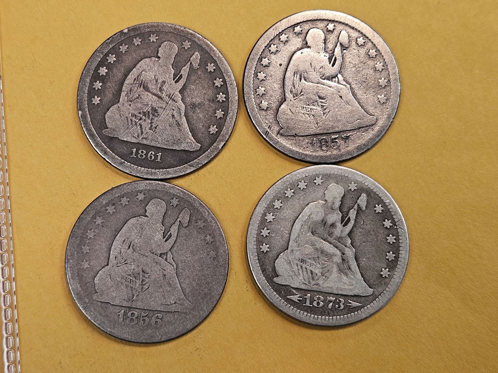 Four mixed Seated Liberty Silver Quarters: Circulated 