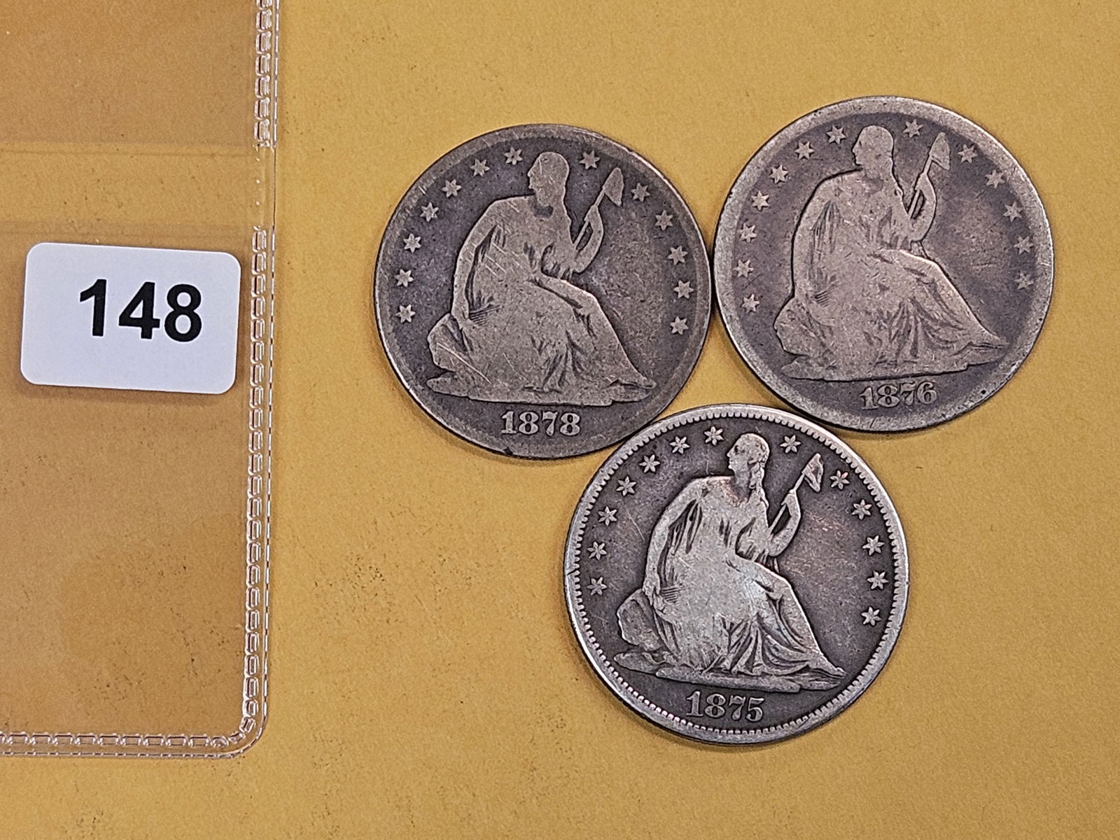 Three Seated Liberty silver Half Dollars: 1878, 1876-S and 1875-S 