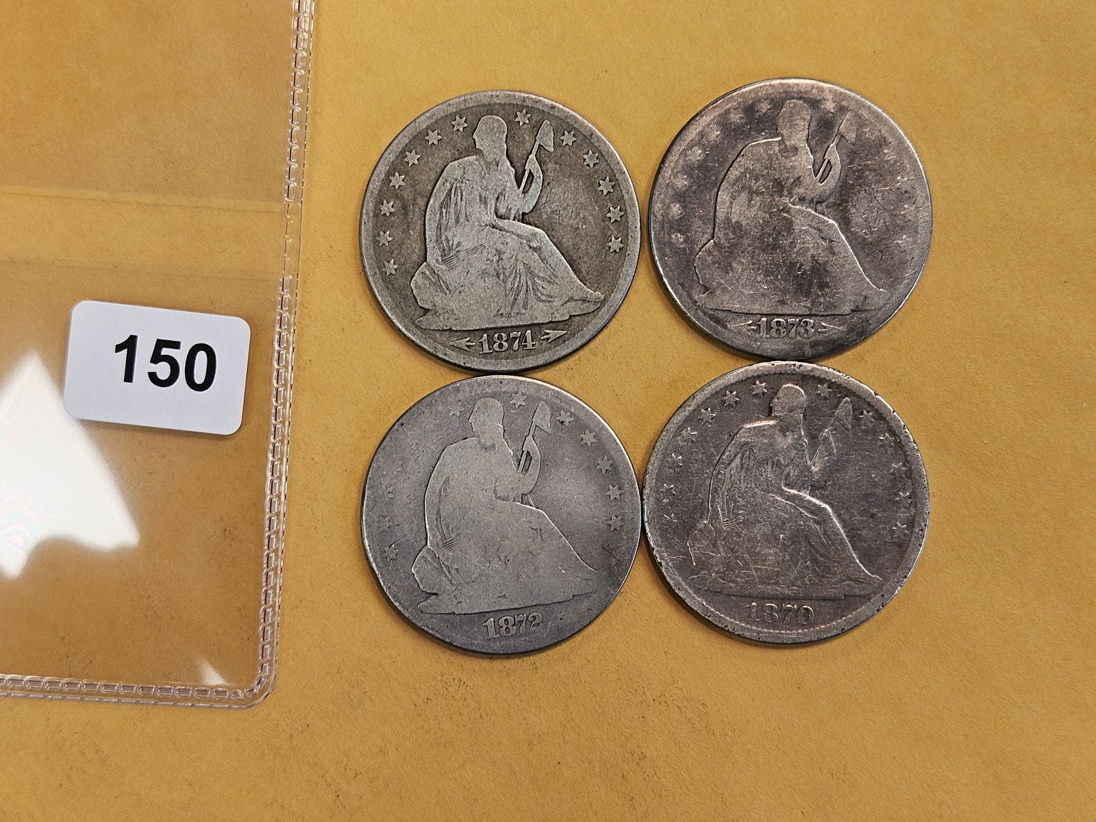 Four more silver Seated Liberty Half Dollars: 1874, 1873, 1872 and 1870-S 