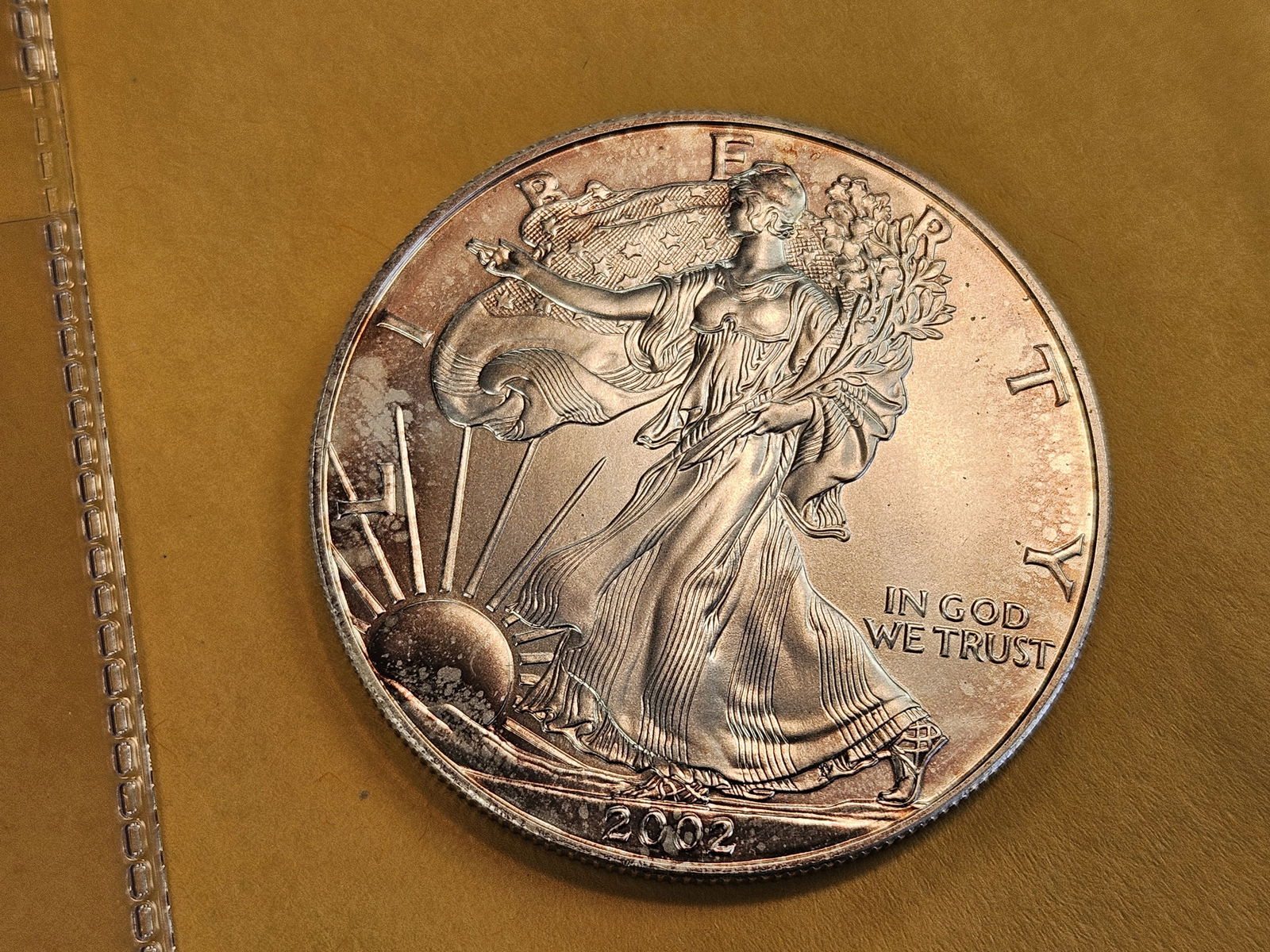 GEM Brilliant Uncirculated 2002 American Silver Eagle: Album toning 