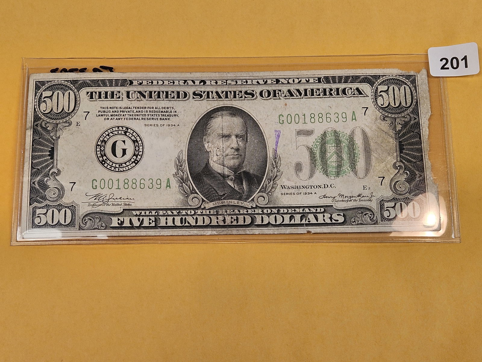 *** Series of 1934-A FIVE HUNDRED DOLLAR FRN in Very Fine: Scarcer denomination! FR-2202. All the examples I've seen on ebay, sold, in very fine have sold for $2,000 and more. This one has a little issue on the right side of the note 