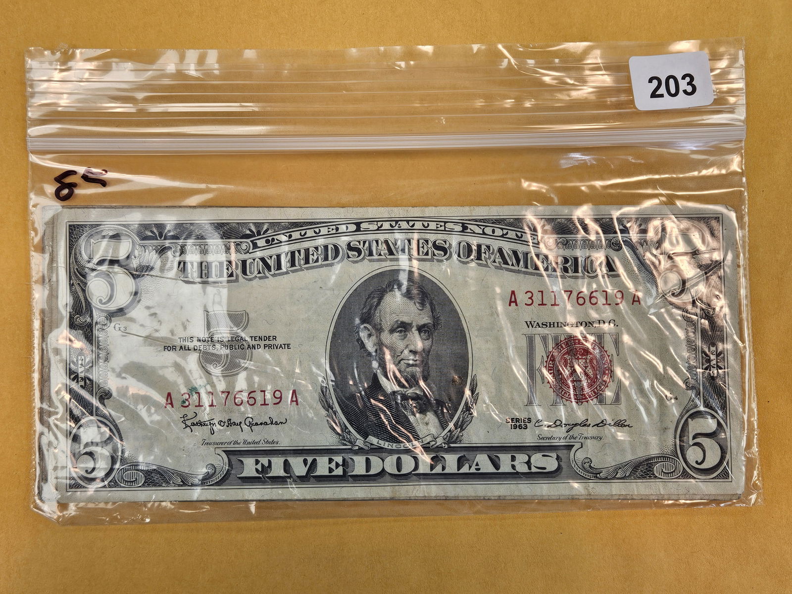 Eight $5 Red Seal US Notes: Circulated 