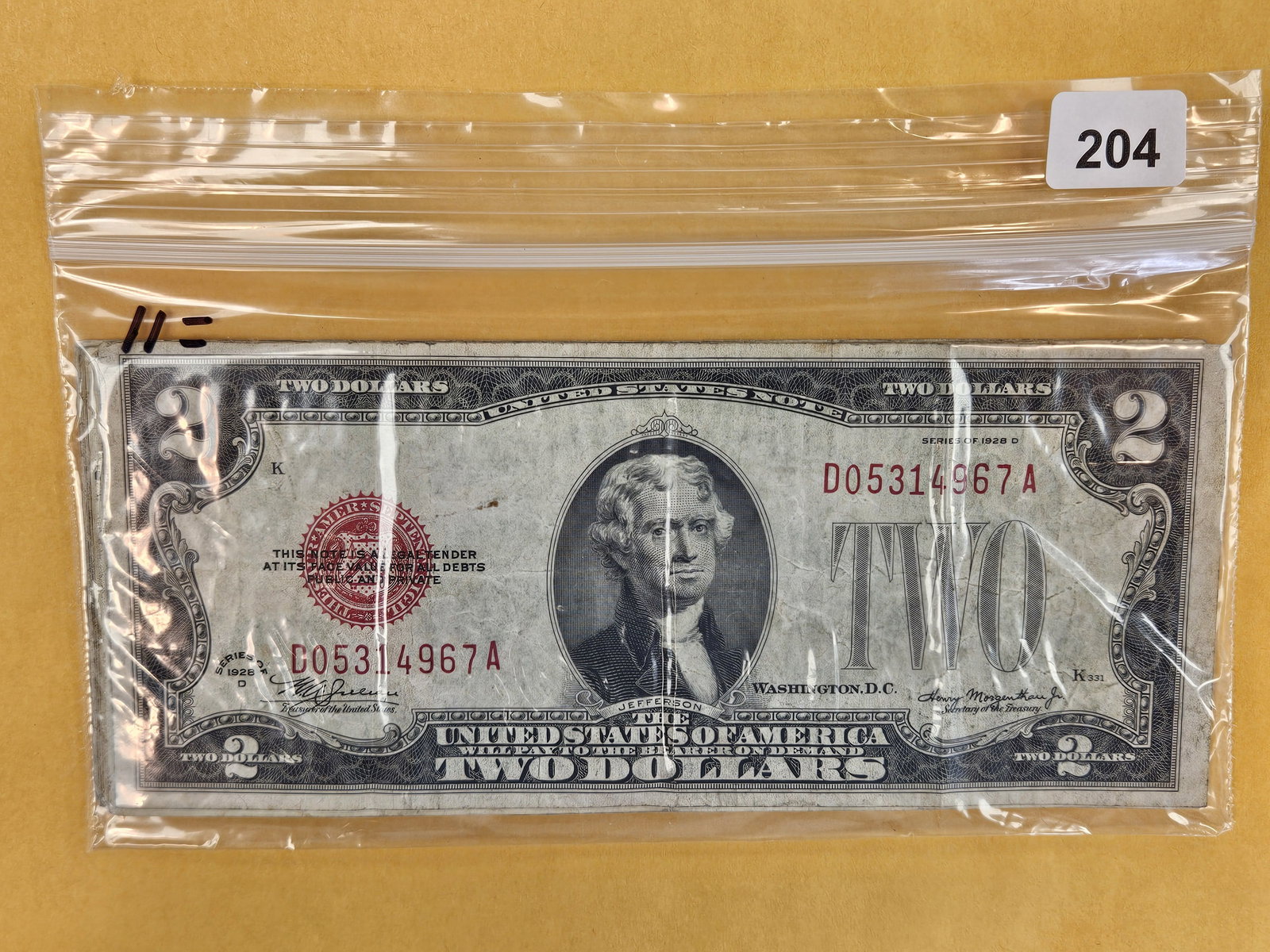 Eleven $2 Red Seal US notes: Circulated 