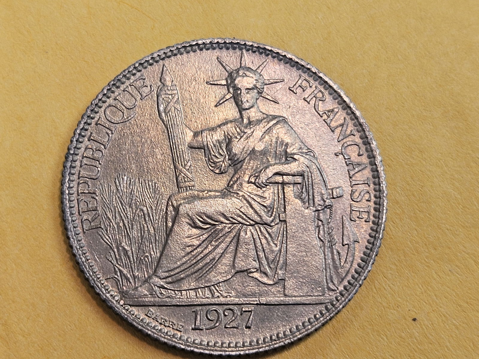 1927 French Indo-China twenty cents in About Uncirculated plus: KM 17.1 